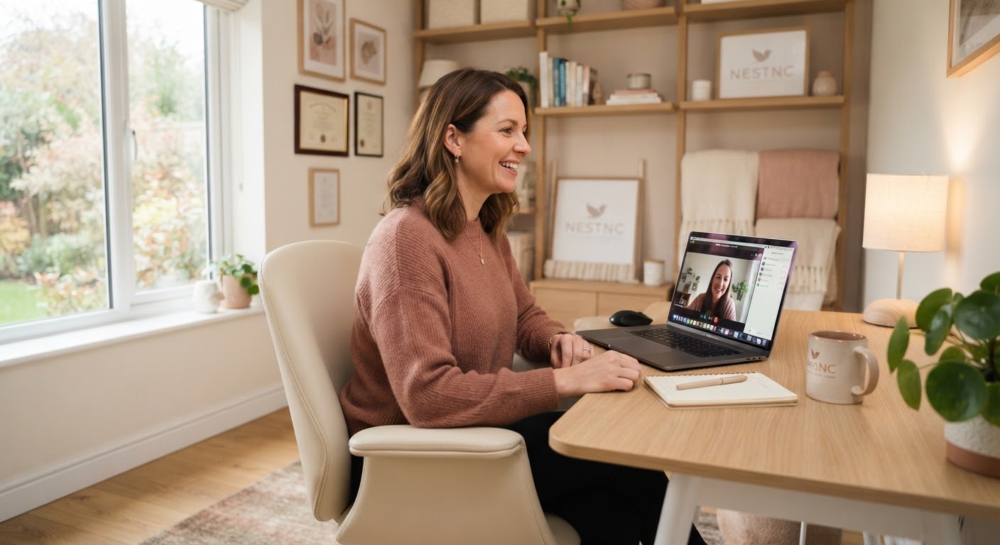 Educational consultant smiling during a video call in a warm home office