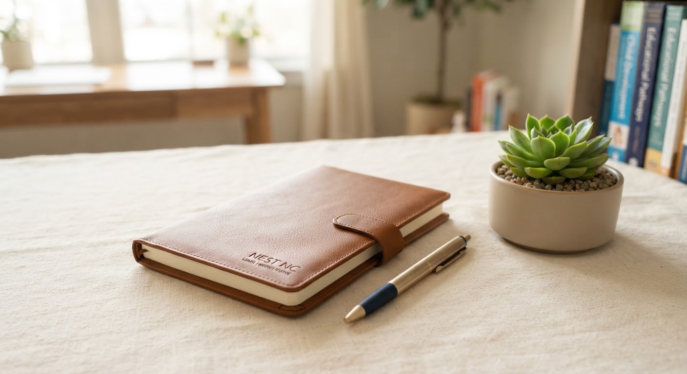Notebook and pen on linen beside a small succulent