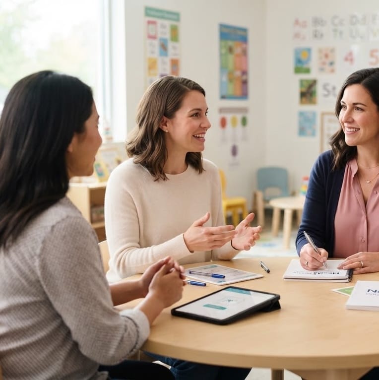 Three adults in conversation around a table in a bright classroom, taking notes and reviewing a tablet