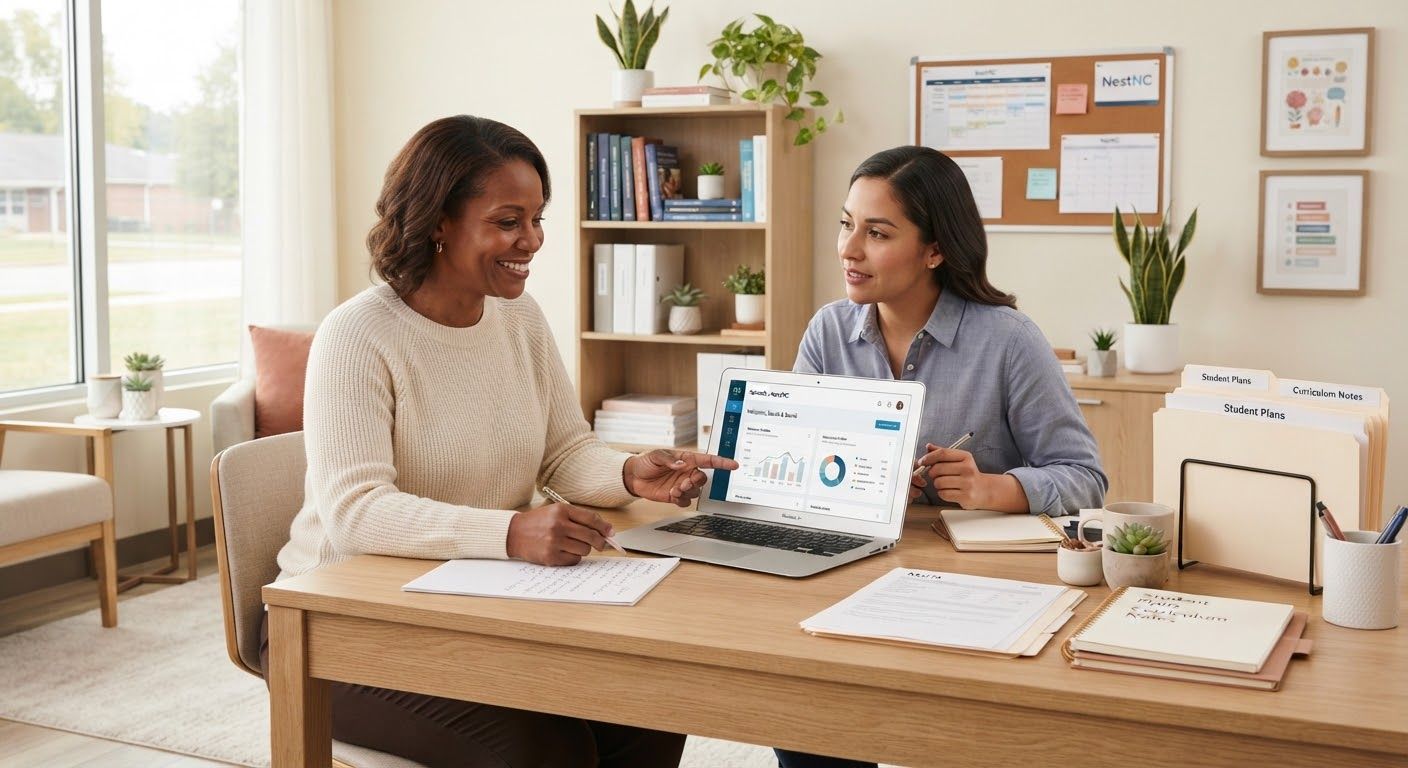 Two educators collaborating over a laptop and documents in a bright school administrative office